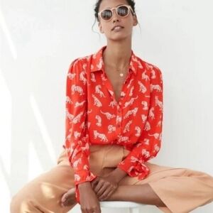 NWT Anthropologie Margaret Jeane Leopard Button Blouse Shirt 10 M/L Orange White